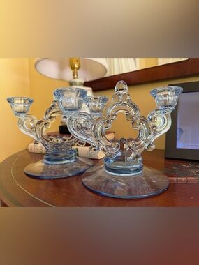 2 Blue Cambridge Glass Keyhole Double Taper Holder for 2 Candlesticks